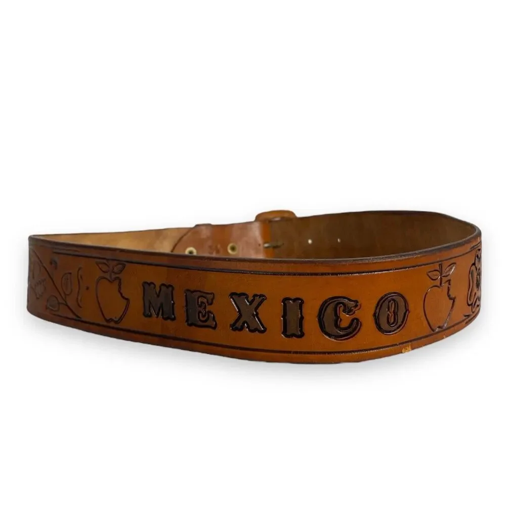 Mexican Tooled Brown Leather Belt Floral Design Size 34 Mexico Apple‎ C14Q